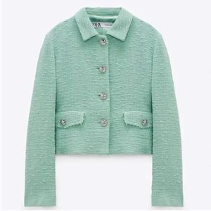 Zara Pastel Green Tweed Cropped Jacket
